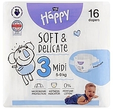 Pieluchy dziecięce 5-9 kg, rozmiar 3 Midi, 16 sztuk - Bella Baby Happy Soft & Delicate — Zdjęcie N1