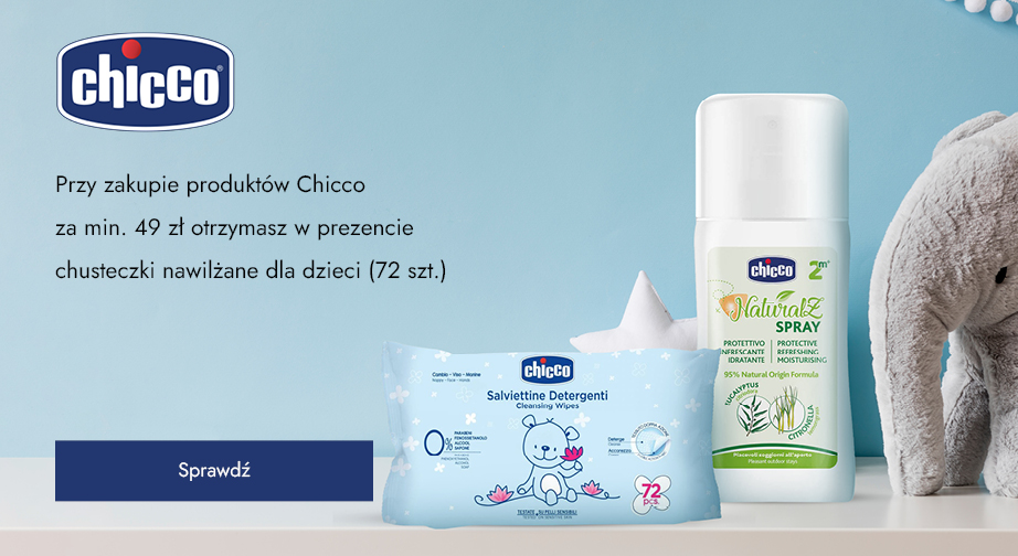 Przy zakupie produktów Chicco za min. 49 zł otrzymasz w prezencie chusteczki nawilżane dla dzieci (72 szt.).