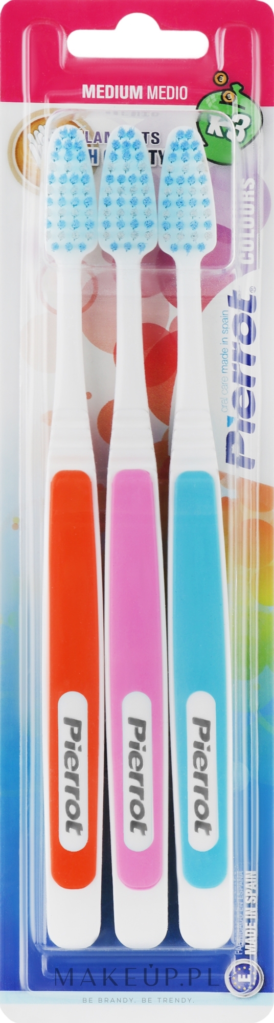 Zestaw szczoteczek do zębów Koloros, pomarańczowa + różowa + niebieska - Pierrot New Active — Zdjęcie 3 szt.