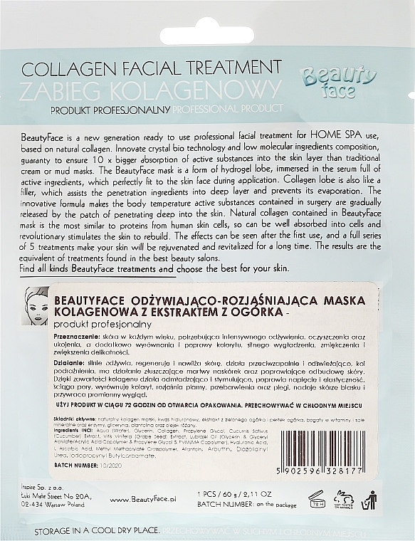 WYPRZEDAŻ Odżywczo-rozjaśniający zabieg kolagenowy z ekstraktem z ogórka i algami morskimi - Beauty Face Collagen Facial Treatment * — Zdjęcie N2