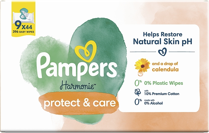 Chusteczki nawilżane dla dzieci z nagietkiem, 396 szt. - Pampers Harmonie Protect&Care Baby Wipes  — Zdjęcie N1