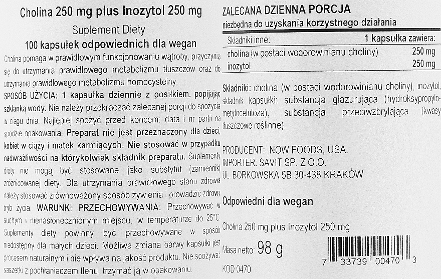 Suplement diety Cholina i inozytol - Now Foods Choline & Inositol — Zdjęcie N2