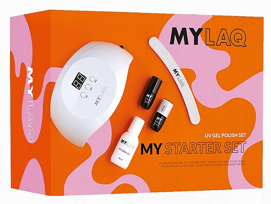 Zestaw startowy do hybryd (nail polish 5 ml + base/top 5 ml + cleaner 50 ml + lamp + file) - MyLaQ My Starter Set — Zdjęcie N1