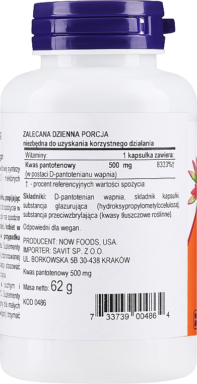 Kapsułki z kwasem pantotenowy, 500 mg - Now Foods Pantothenic Acid — Zdjęcie N6