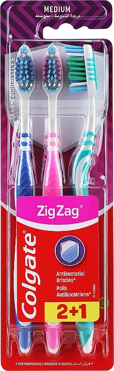 Zestaw ZigZag, średnio twarde, niebieska + różowa + turkusowa - Colgate Medium Toothbrush — Zdjęcie N1