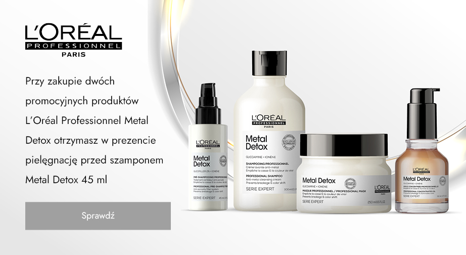 Przy zakupie dwóch promocyjnych produktów L'Oréal Professionnel Metal Detox otrzymasz w prezencie pielęgnację przed szamponem Metal Detox 45 ml.