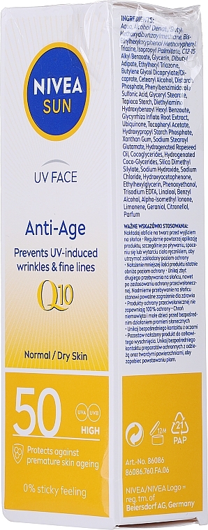 PRZECENA! Przeciwsłoneczny krem przeciwstarzeniowy do twarzy SPF 50 - NIVEA Sun UV Face Q10 Anti-Age & Anti-Pigments * — Zdjęcie N4