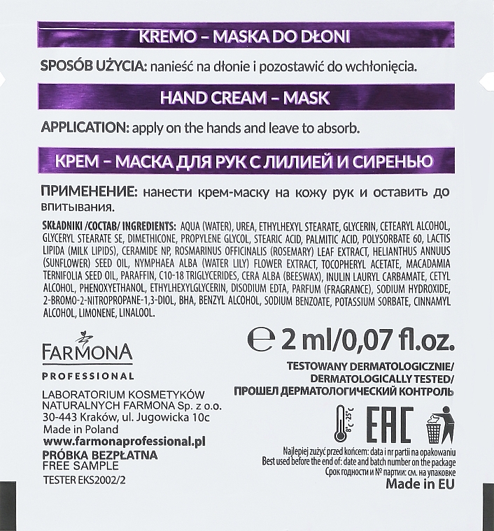 Maska kremowa do rąk o zapachu lilii i bzu - Farmona Professional Velvet Hands Cream-Mask (próbka) — Zdjęcie N2