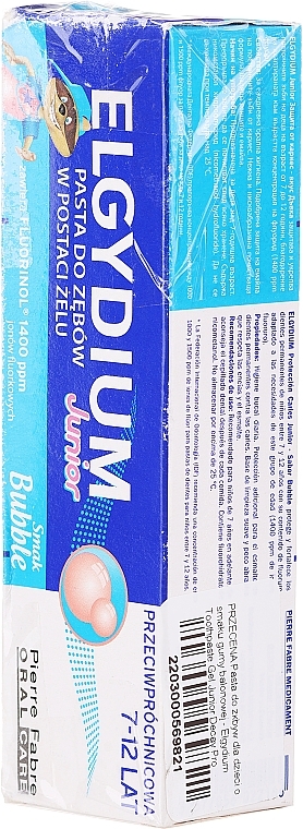 PRZECENA! Pasta do zębów dla dzieci o smaku gumy balonowej - Elgydium Toothpaste Gel Junior Decay Protection 7/12 Years Old Bubble Aroma * — Zdjęcie N3