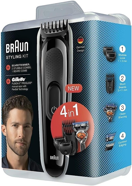 Trymer uniwersalny - Braun Styling Kit 4-In-1 Hair And Beard Trimmer + Gilette Fusion 5 SK3000 — Zdjęcie N1