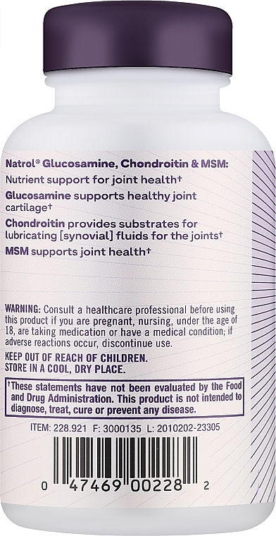 Suplement diety Glukozamina, chondroityna i MSM - Natrol Glucosamine, Chondroitin & MSM — Zdjęcie N2