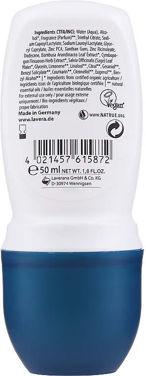 Dezodorant w kulce z wyciągiem z biobambusa i biotrawy cytrynowej dla mężczyzn - Lavera 48h Men Sensitiv Deo Roll-On — Zdjęcie N2