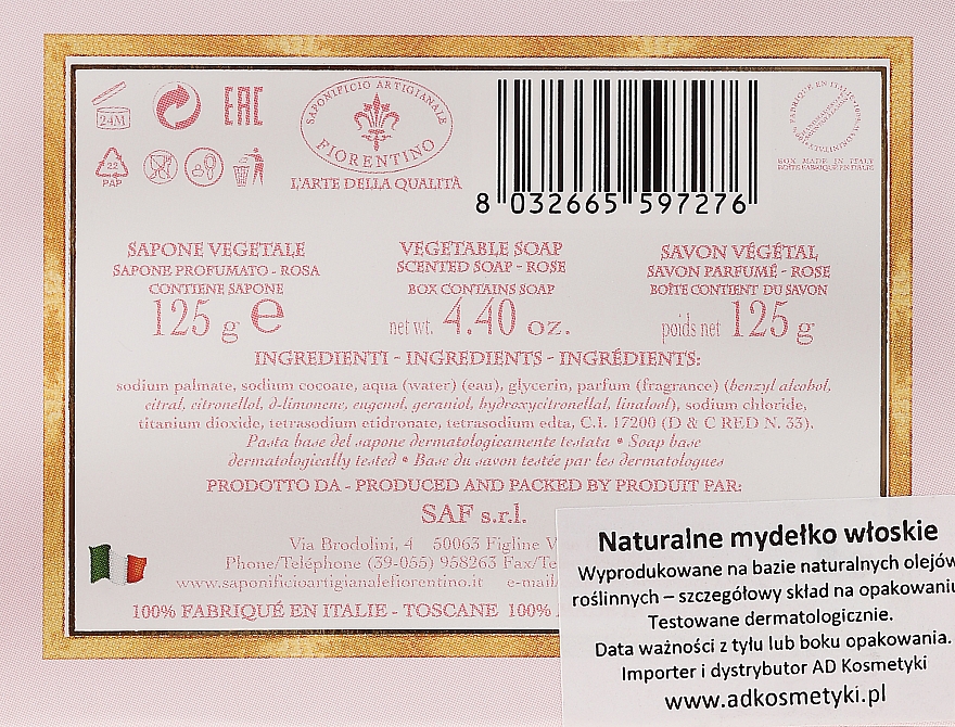 Naturalne włoskie mydło w kostce Róża - Saponificio Artigianale Fiorentino Botticelli Rose Soap — Zdjęcie N3