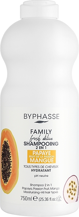 Szampon do włosów z papai, marakui i mango 2 w 1 - Byphasse Family Fresh Delice Shampoo — Zdjęcie N1