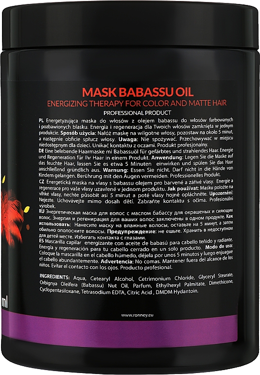 Energetyzująca maska z olejem babassu do włosów farbowanych - Ronney Professional Babassu Oil Energizing Mask — Zdjęcie N4