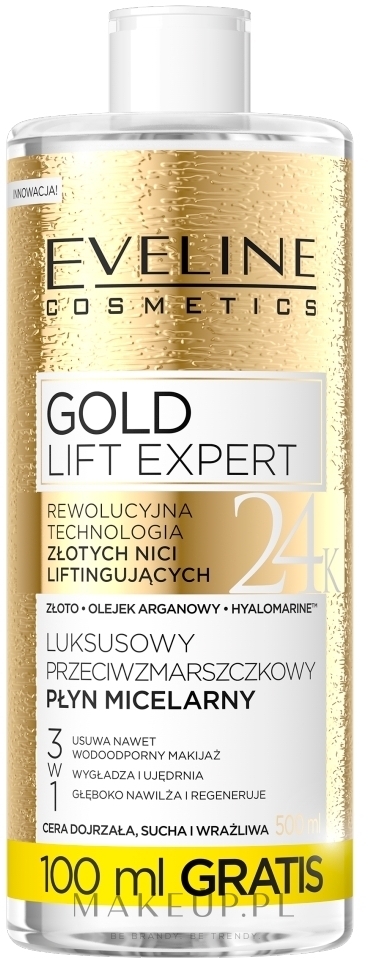 Luksusowy przeciwzmarszczkowy płyn micelarny 3 w 1 - Eveline Cosmetics Gold Lift Expert — Zdjęcie 500 ml