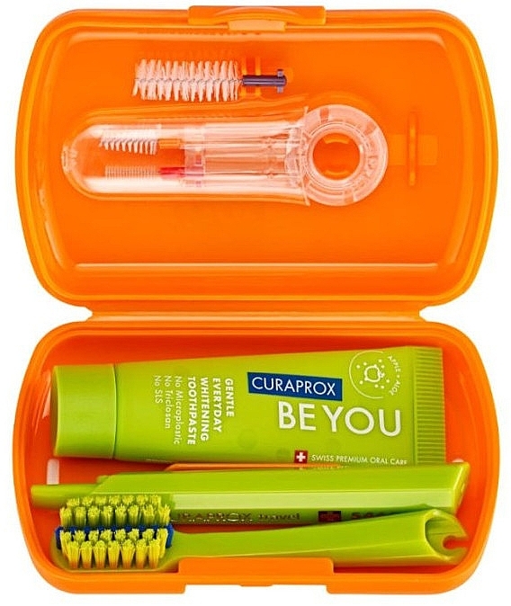 Zestaw ortodontyczny podróżny, pomarańczowy - Curaprox Ortho Travel Set (tbr/1pc + paste/10ml + brush/3pc + bag) — Zdjęcie N2