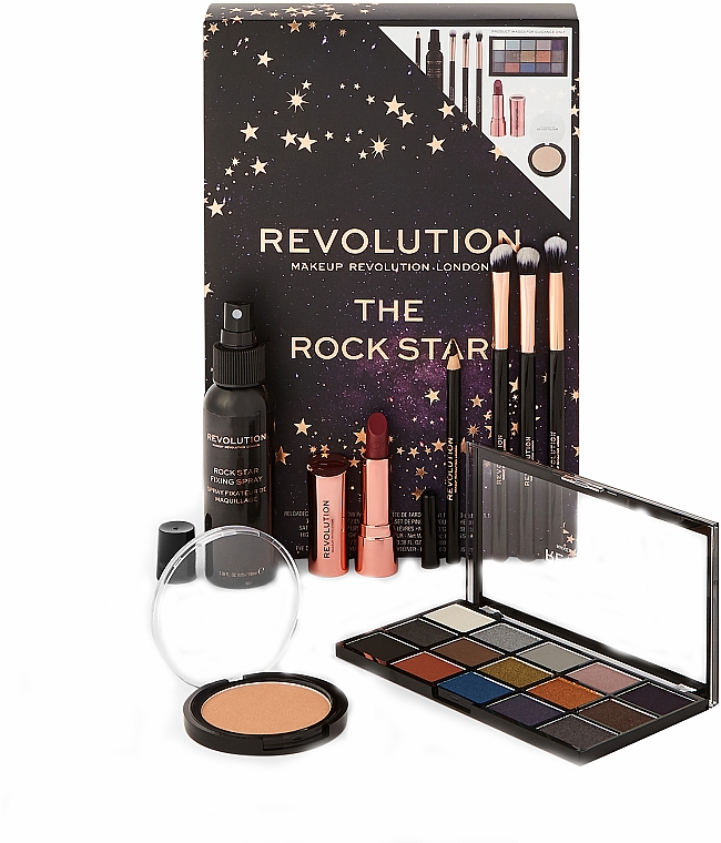 Zestaw kosmetyków do makijażu (eye/palette 16,5 g + highlight 6,5 g + fix/spr 100 ml + lipstick 3,5 g + eye/pen 1,2 g + 3 x brush) - Makeup Revolution The Rock Star  — Zdjęcie N2
