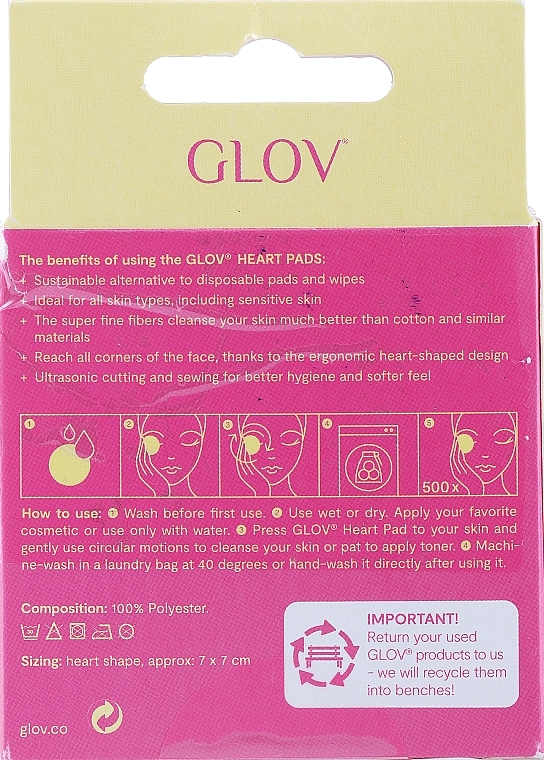 PRZECENA!  Płatki kosmetyczne do demakijażu, wielokrotnego użytku, 5 szt., różowe - Glov Reusable Heart Pads Pink Ribbon * — Zdjęcie N3