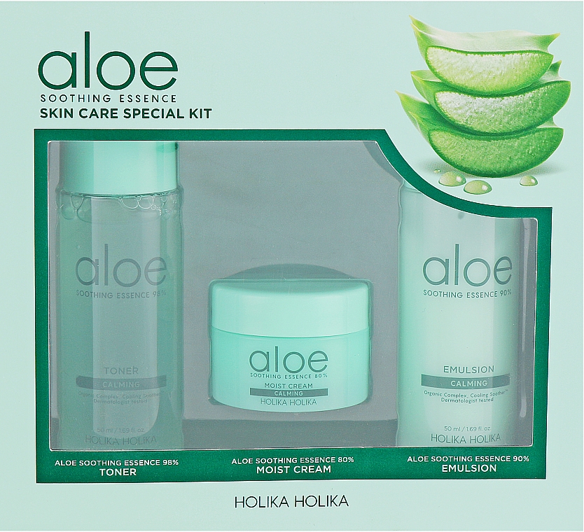 Kojący zestaw do pielęgnacji twarzy - Holika Holika Aloe Skin Care Special Set (toner 50 ml + emulsion 50 ml + cr 20 ml)