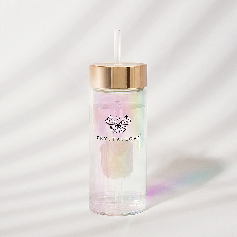 Szklana holograficzna butelka na wodę z kwarcem różowym i słomką, 400 ml - Crystallove Glass Hologram Water Bottle with Pink Quartz and Straw — Zdjęcie N3