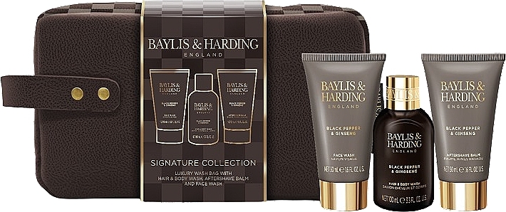 Zestaw - Baylis & Harding Black Pepper & Ginseng Men's Luxury Wash Bag Gift Set (shm/100ml + f/wash/50ml + ash/balm/50ml + bag/1pc) — Zdjęcie N1