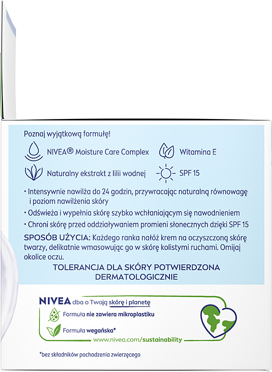 Odświeżający krem na dzień 24h NAWILŻENIA, cera normalna i mieszana - NIVEA Moisture Care Complex Day Cream SPF 15 — Zdjęcie N2