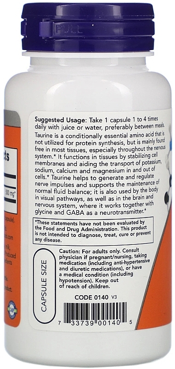 Aminokwas Tauryna, 500 mg - Now Foods Taurine Nervous System Health 500mg Capsules — Zdjęcie N3