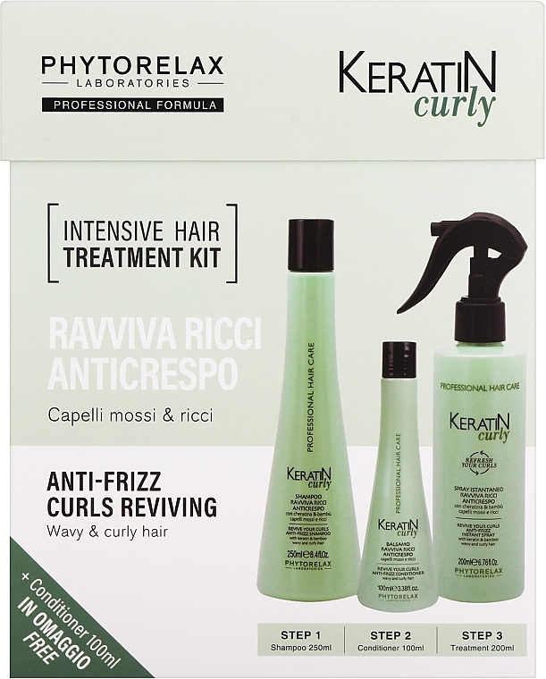 Zestaw - Phytorelax Laboratories Keratin Curly Intensive Hair Treatment Kit (shm/250ml + cond/100ml + h/spray/200ml)