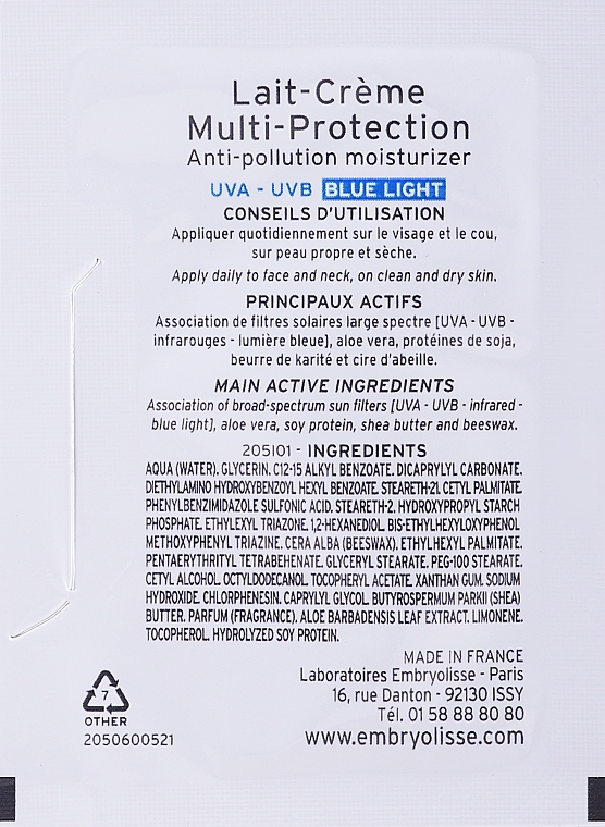 Multiochronny krem do twarzy - Embryolisse Laboratories Multi-Protection Anti-Pollution Moisturizer SPF20 (próbka) — Zdjęcie N2