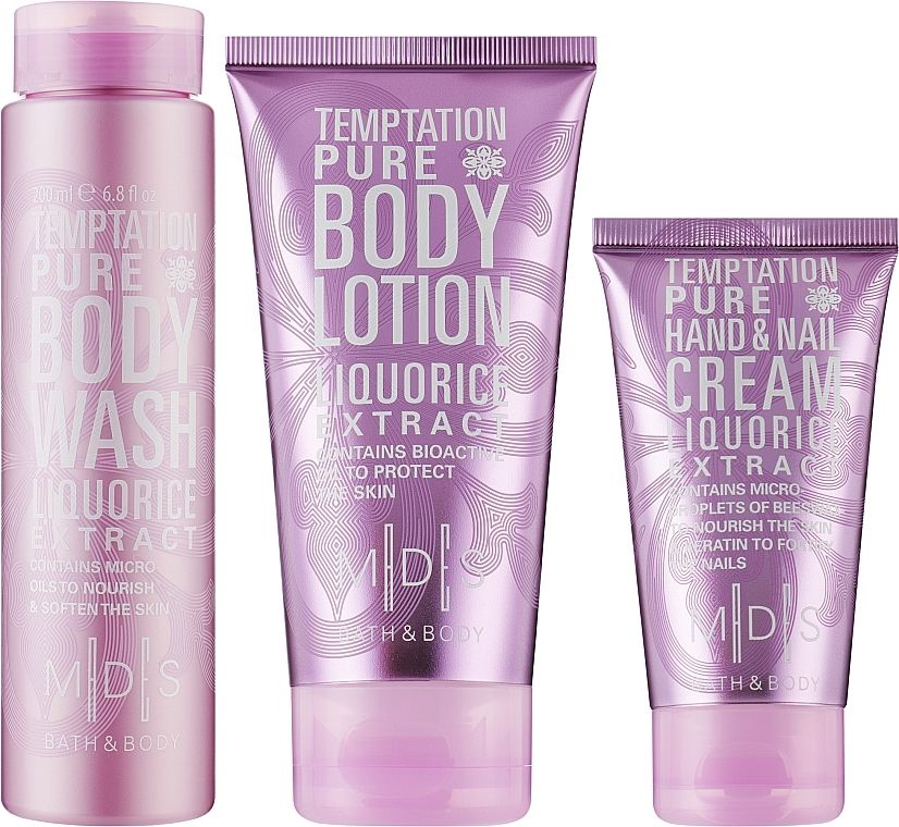 Zestaw kosmetyków do ciała - Mades Cosmetics M|D|S Bath & Body-Temptation Pure beauty trio (sh/gel/200ml + b/lot/150ml + h/cr/75ml) — Zdjęcie N2