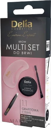 Multi zestaw do brwi - Delia Cosmetics Multi Set (eyebrow pomade 1 g + eyebrow tweezers 1 pc + eyebrow stencils 3 pcs) — Zdjęcie 1.1 - Graphite