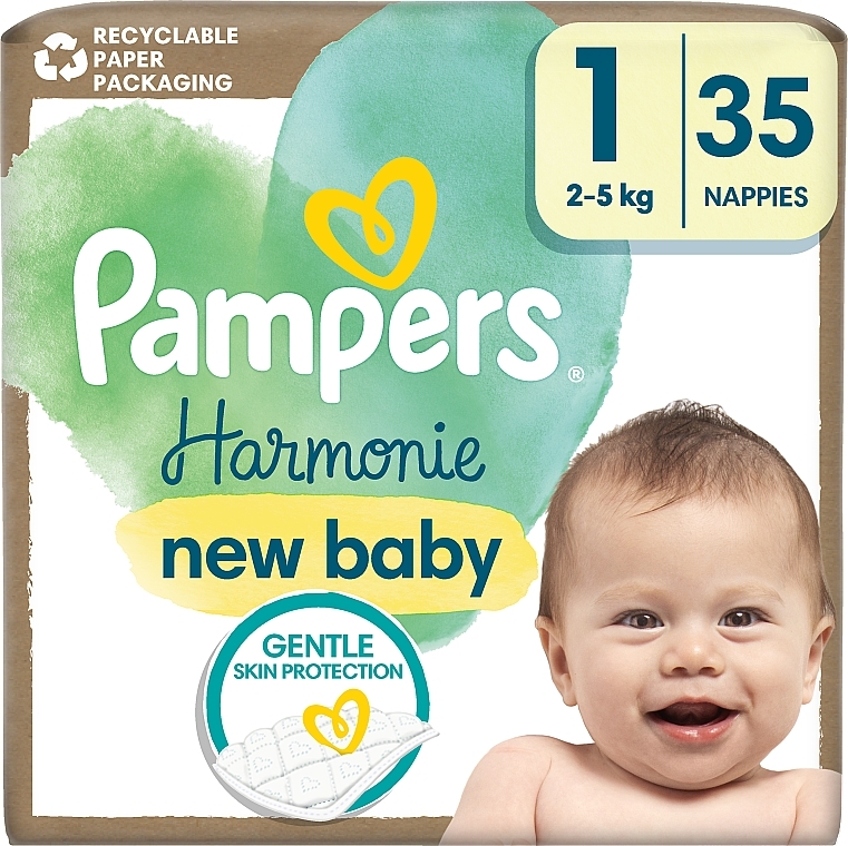 Pieluchy Harmonie New Baby, rozmiar 1, 2-5 kg, 35 sztuk - Pampers — Zdjęcie N1