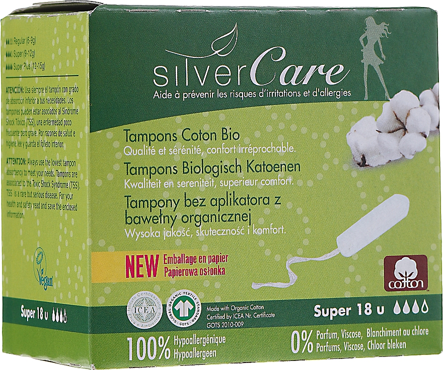 Tampony z bawełny organicznej, Super, 18szt - Masmi Silver Care — Zdjęcie N1