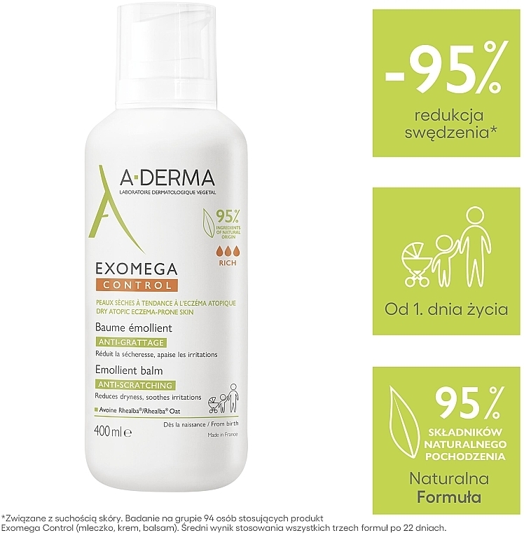 Zmiękczający balsam do ciała z dozownikiem - A-Derma Exomega Control Emollient Lotion Anti-Scratching — Zdjęcie N4