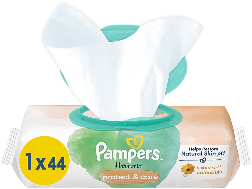 Chusteczki nawilżane dla dzieci z nagietkiem, 44 szt. - Pampers Harmonie Protect&Care Baby Wipes  — Zdjęcie N1