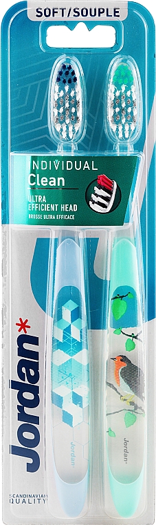 Miękkie szczoteczki do zębów, niebiesko-biała + błękitna z ptaszkiem - Jordan Individual Clean Soft — Zdjęcie N1