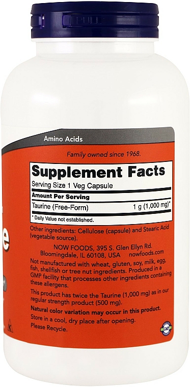 Aminokwas Tauryna, 1000 mg - Now Foods Taurine 1000mg Double Strength Veg Capsules — Zdjęcie N3