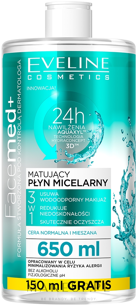 Matujący płyn micelarny 3 w 1 - Eveline Cosmetics Facemed + — Zdjęcie 650 ml