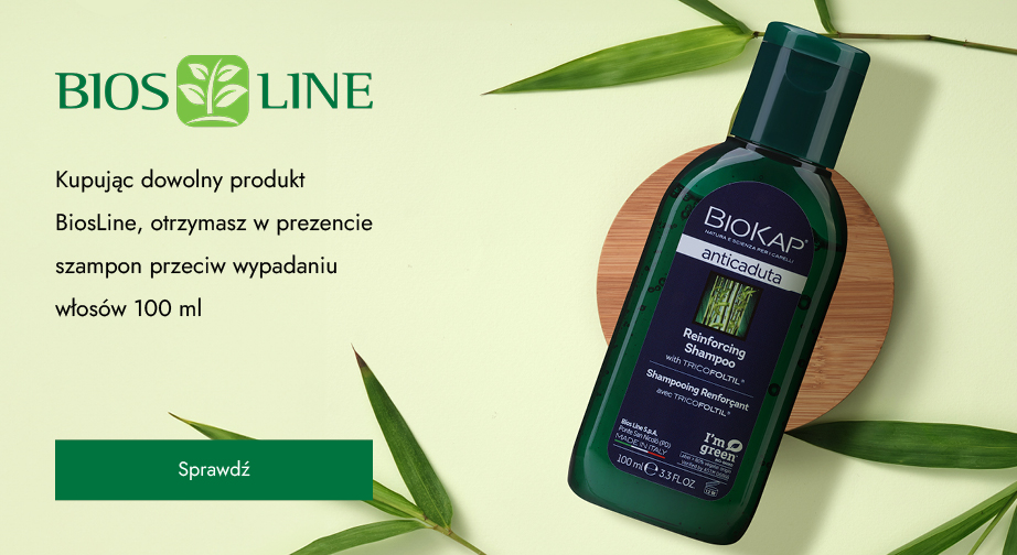 Kupując dowolny produkt BiosLine, otrzymasz w prezencie szampon przeciw wypadaniu włosów 100 ml.