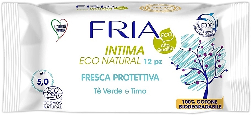Chusteczki do higieny intymnej Zielona herbata i tymianek, 12 szt - Fria Intima Eco Natural Fresh Protective — Zdjęcie N1