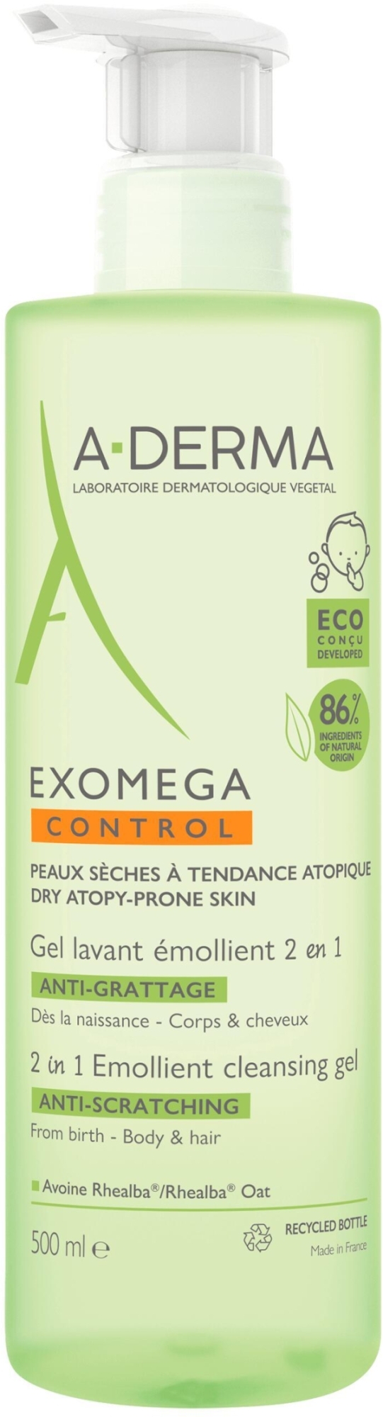 Emolientowy żel dla dzieci do mycia włosów i skóry suchej skłonnej do atopii - A-Derma Exomega Control Emollient Cleansing Gel — Zdjęcie 500 ml