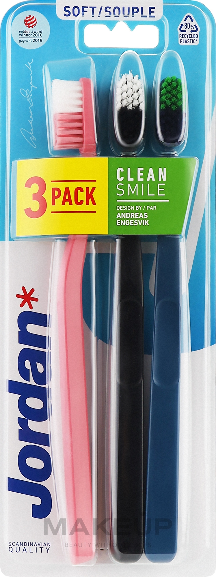 Szczoteczki do zębów miękkie, czarna+turkusowa+różowy - Jordan Clean Smile Soft — Zdjęcie 3 szt.