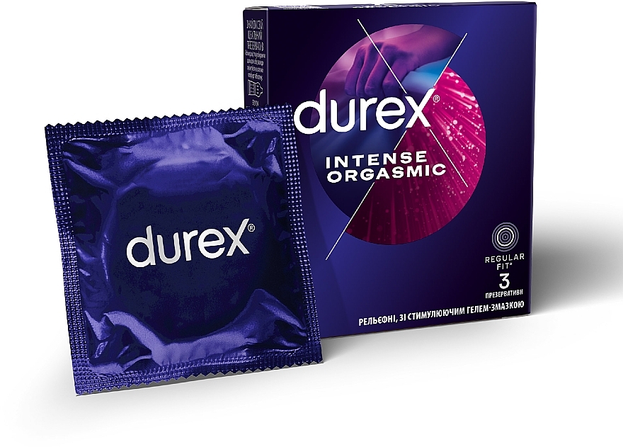 Prezerwatywy prążkowane z wypustkami i żelem stymulującym, 3 szt. - Durex Intense Orgasmic — Zdjęcie N1