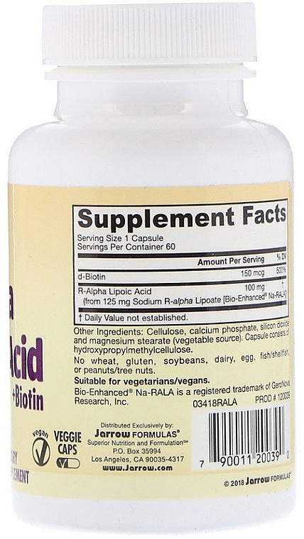 Kwas alfa-liponowy z biotyną - Jarrow Formulas R-Alpha Lipoic Acid + Biotin  — Zdjęcie N2