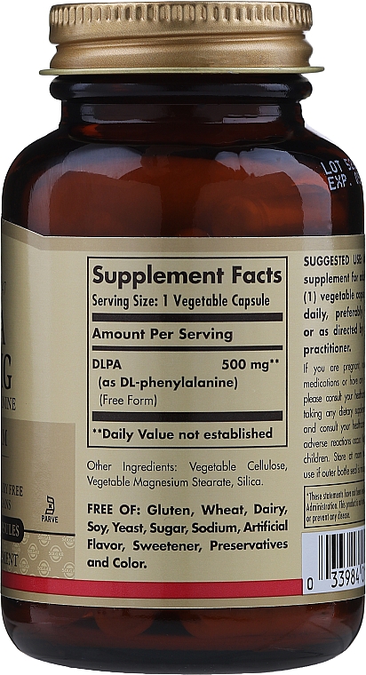 Suplement diety Kompleks aminokwasów 500 mg - Solgar DLPA DL-Phenylalanine — Zdjęcie N4