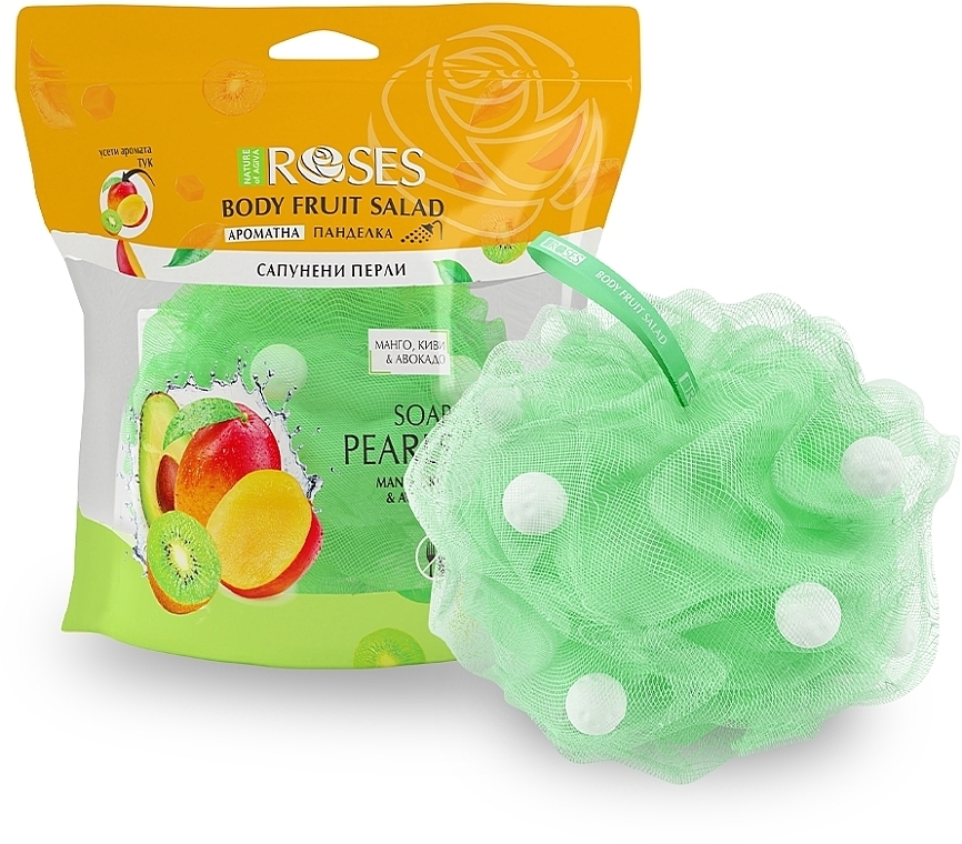 Gąbka do kąpieli z perełkami mydlanymi Mango, awokado, kiwi - Nature of Agiva Roses Body Fruit Salad Soap Pearls — Zdjęcie N2