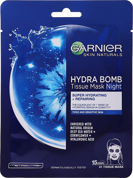 Nawilżająca maska w płachcie do twarzy na noc - Garnier Skin Naturals Hydra Bomb Tissue Mask Night — Zdjęcie N1