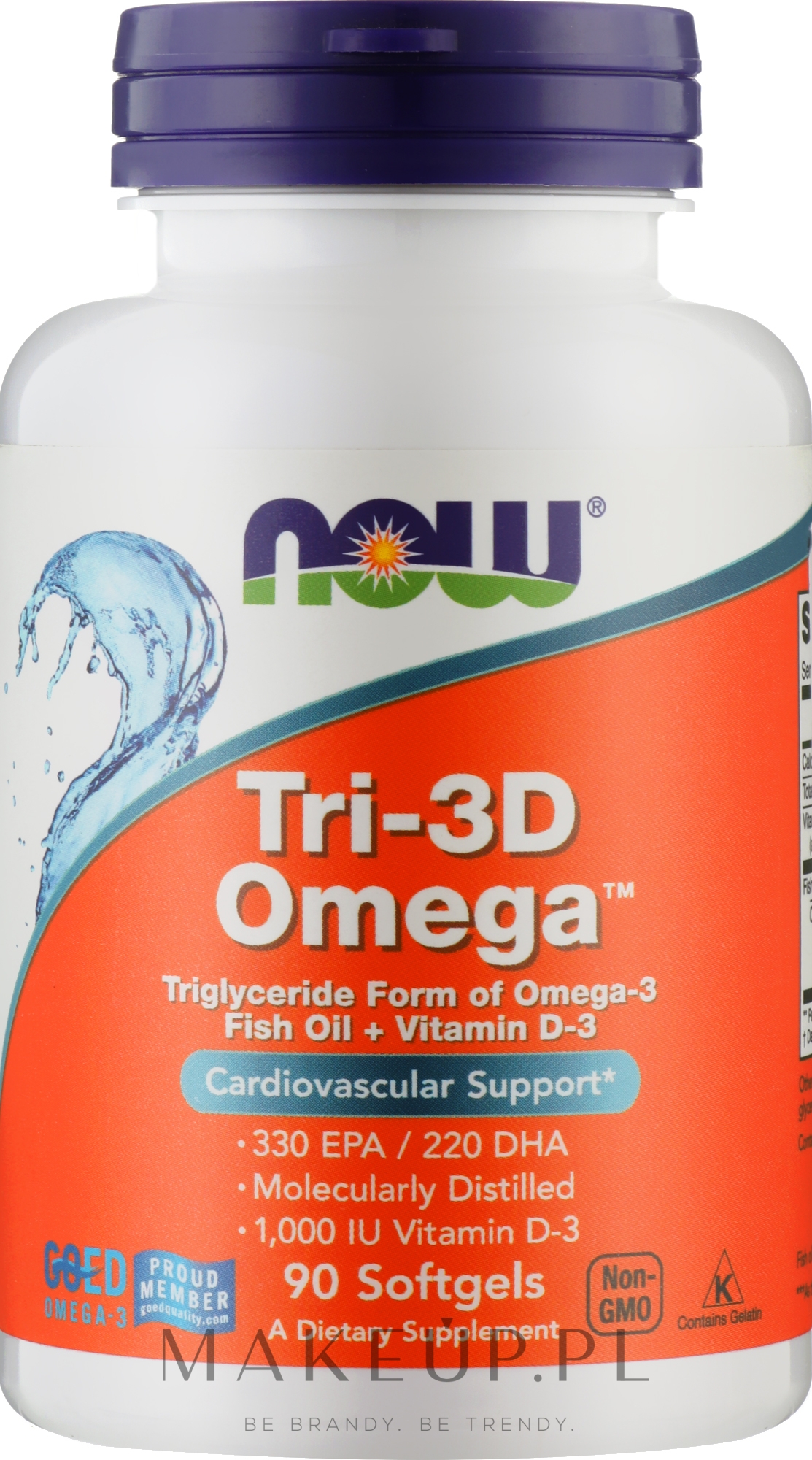 Omega-3 + witamina D3, 90 kapsułek - Now Foods Tri-3D Omega — Zdjęcie 90 szt.