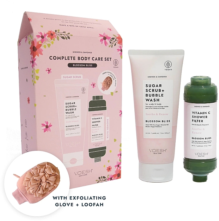 PRZECENA! Zestaw - Voesh Complete Body Care Set Blossom Bliss (b/scrub/210g + sh/filter/70g + loofah/1pcs) * — Zdjęcie N1